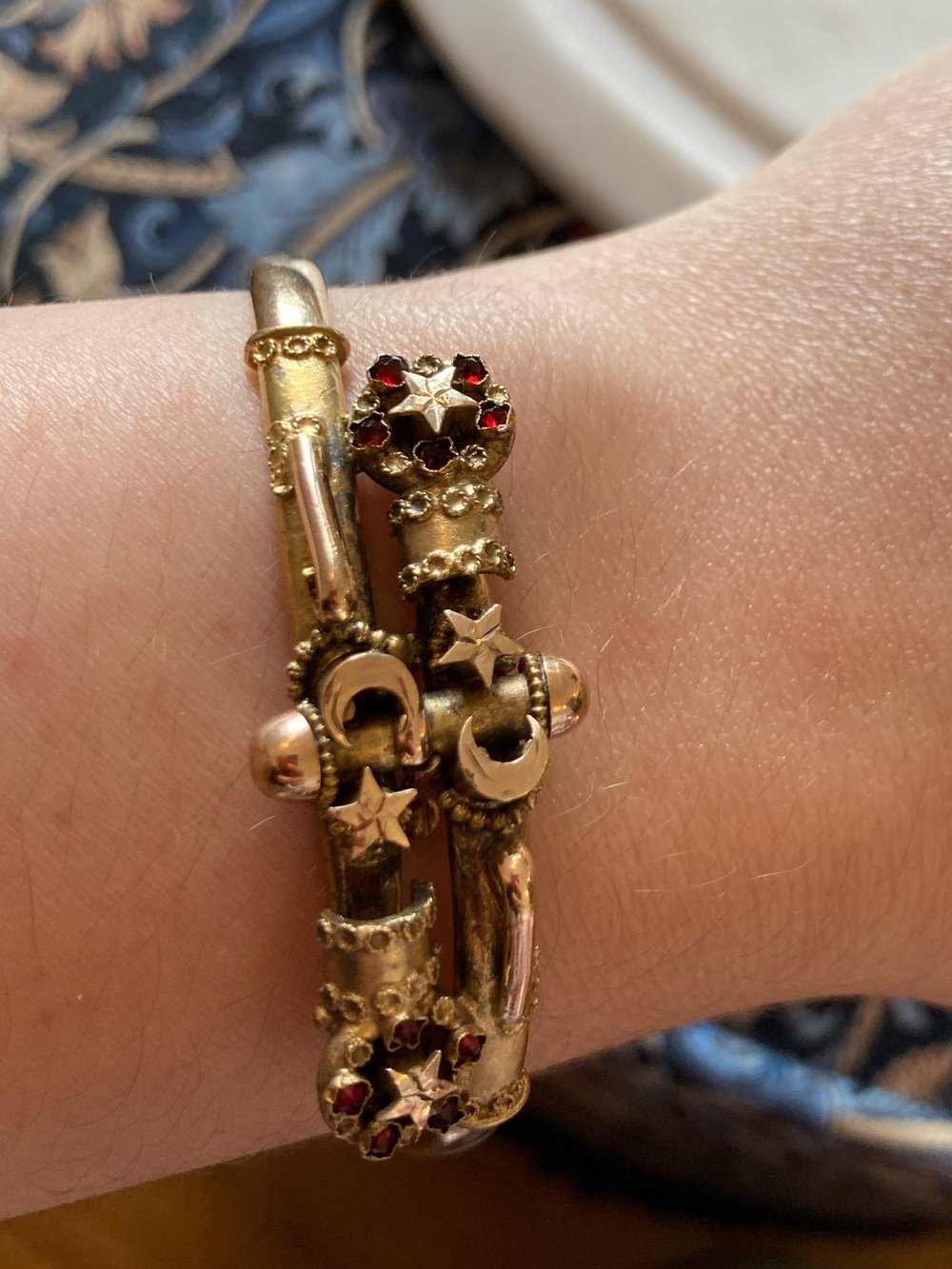 Antique Victorian Celestial Rose-Cut Garnet Crescent Moon & Stars GF Bracelet - Picture 6 of 16